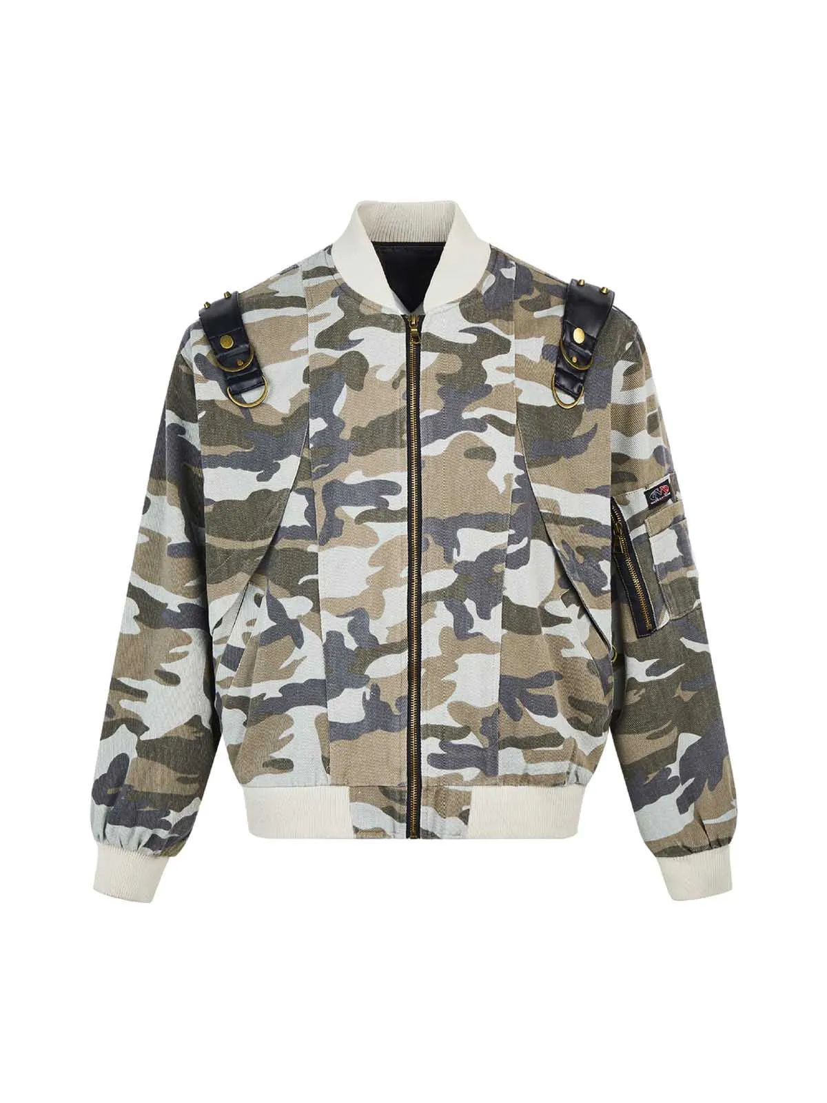 Thesupermade Camouflage Leather Shoulder Pad Denim Bomber Jacket sold by Thesupermade