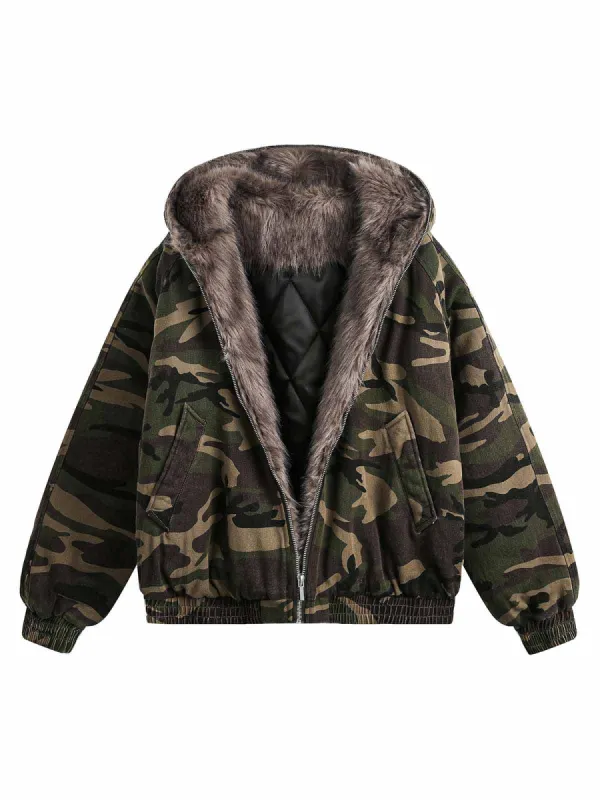 Thesupermade Camouflage Fur Collar Hooded Quilted Jacket sold by Thesupermade