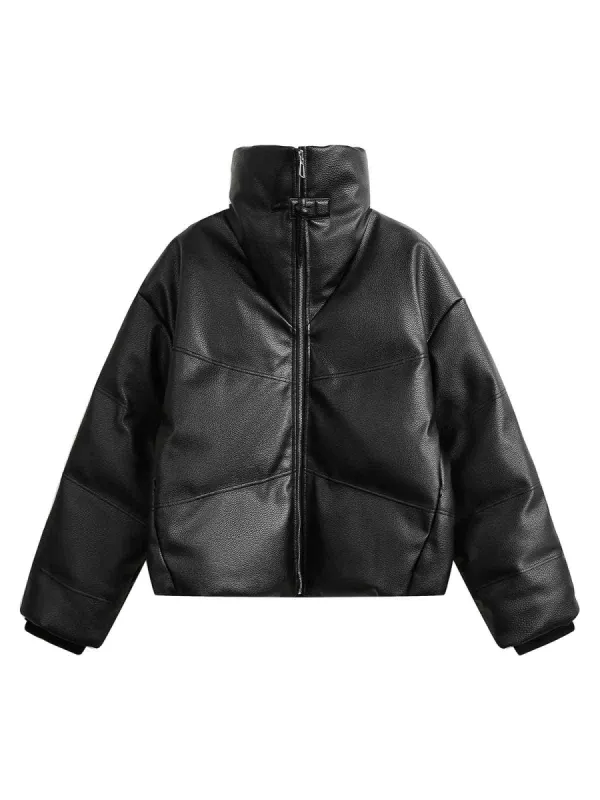 Thesupermade Stand collar short PU leather Quilted Puffer Jacket sold by Thesupermade