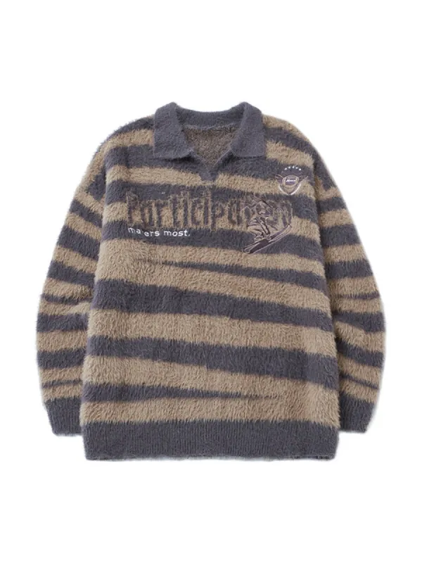 Thesupermade Letter Embroidered Faux Mink Fur Knit Polo Sweater sold by Thesupermade
