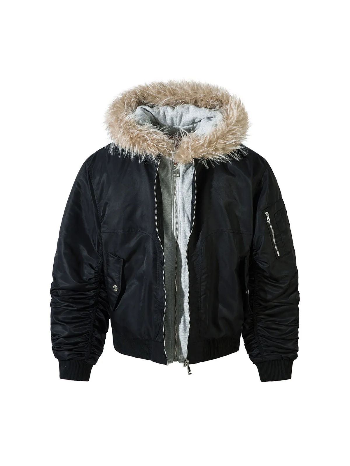 Faux Two-piece Fur Hooded Fleece Bomber Jacket sold by Thesupermade