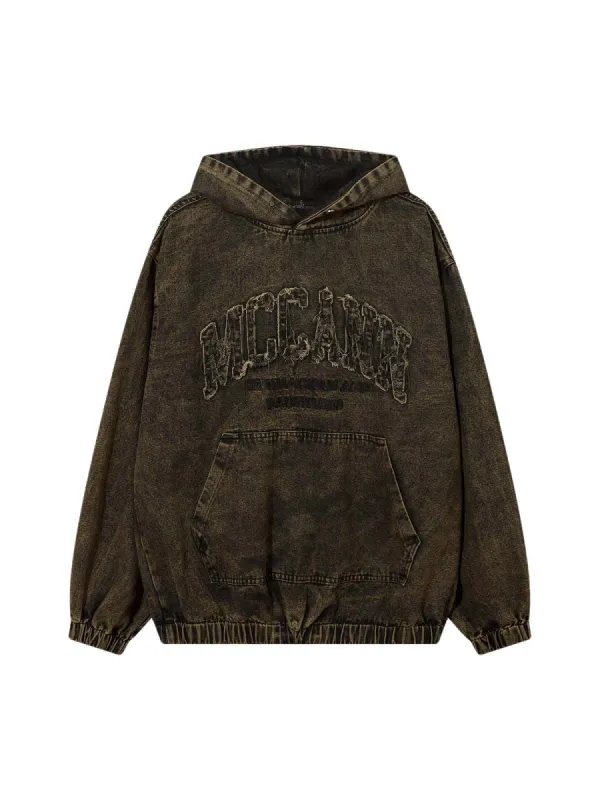 Washed Distressed Letter Embroidered Denim Hoodie sold by Thesupermade