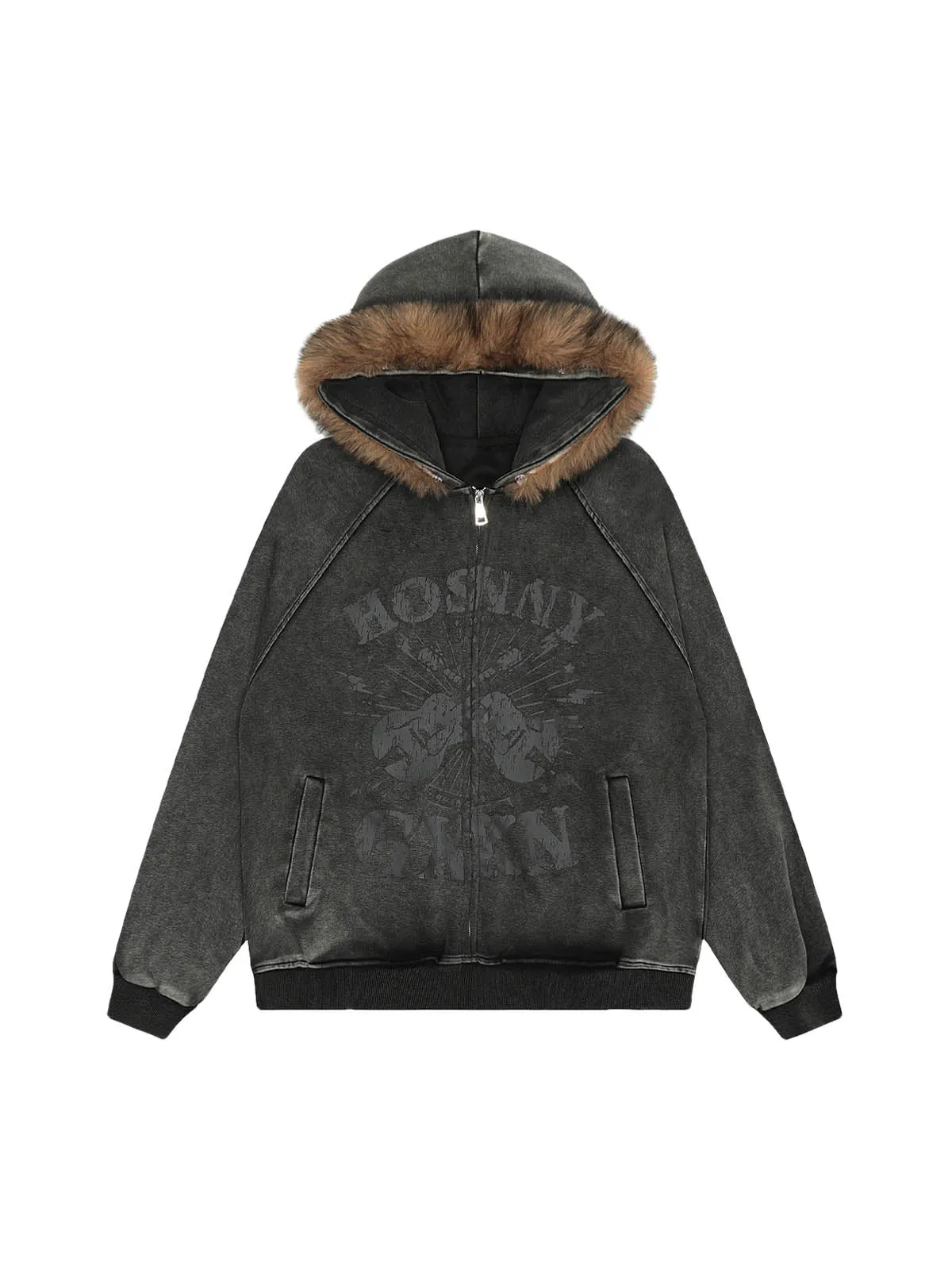 Washed Fur Collar Zip Up Hoodie sold by Thesupermade