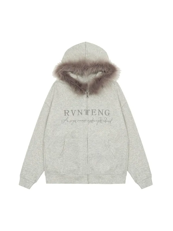 Letter Embroidered Fur Hooded Fleece Jacket sold by Thesupermade
