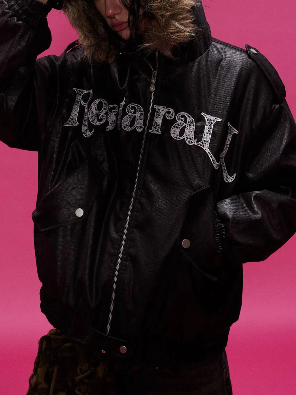 Lace Lettering Fur Hooded Leather Quited Jacket sold by Thesupermade product image thumbnail 4