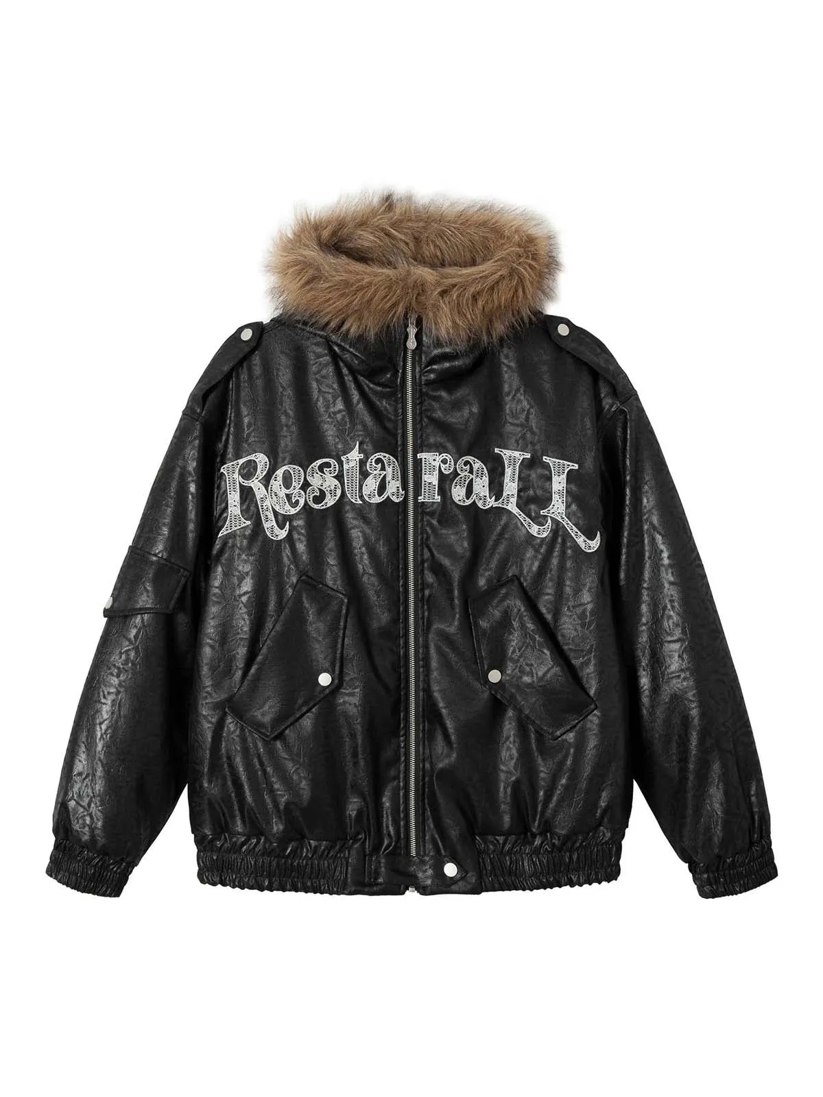 Lace Lettering Fur Hooded Leather Quited Jacket sold by Thesupermade
