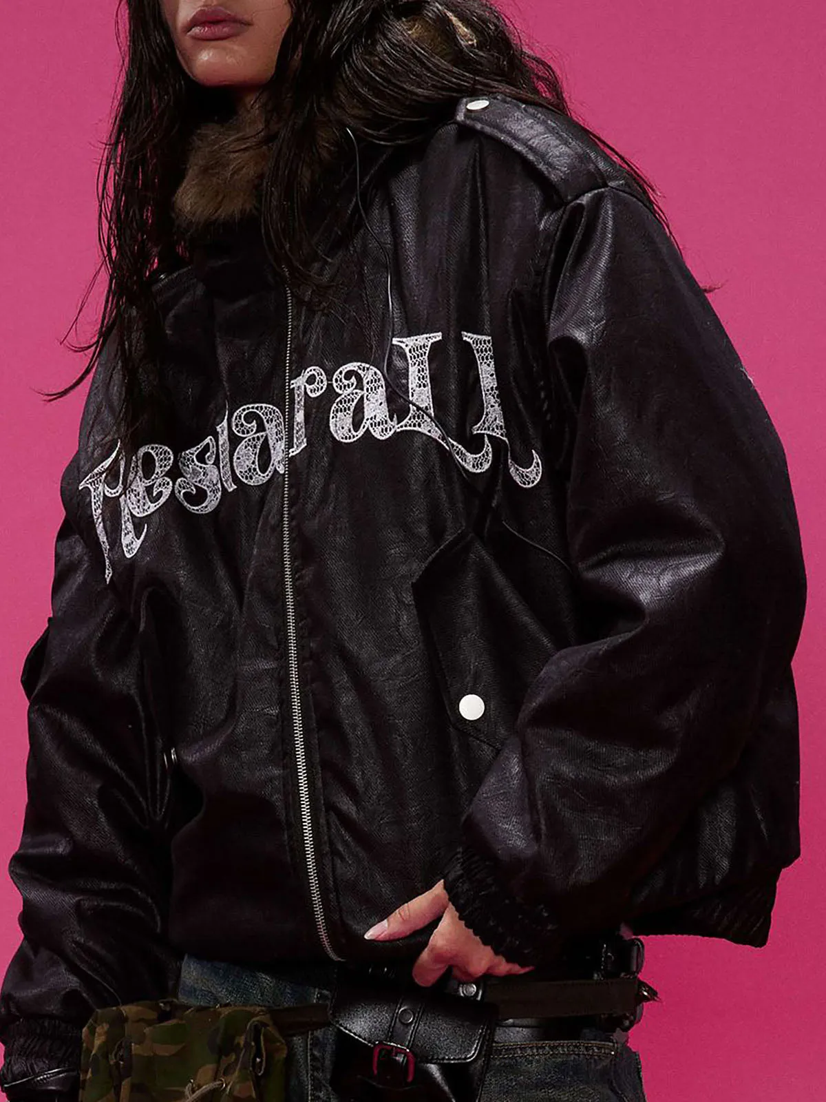 Lace Lettering Fur Hooded Leather Quited Jacket sold by Thesupermade product image thumbnail 5