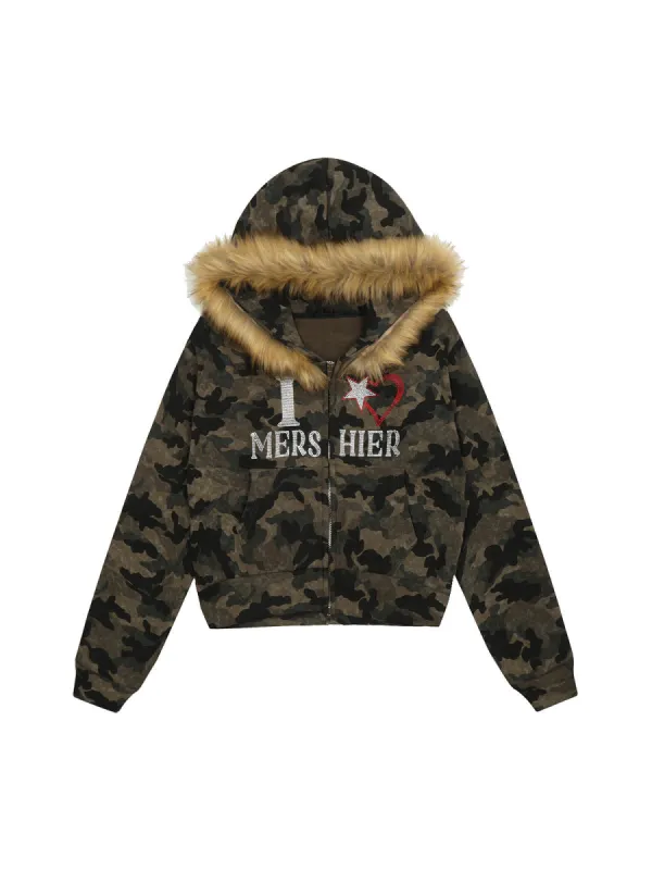 Hotfix Rhinestones Camouflage Fur Hooded Fleece Jacket - 2357 sold by Thesupermade