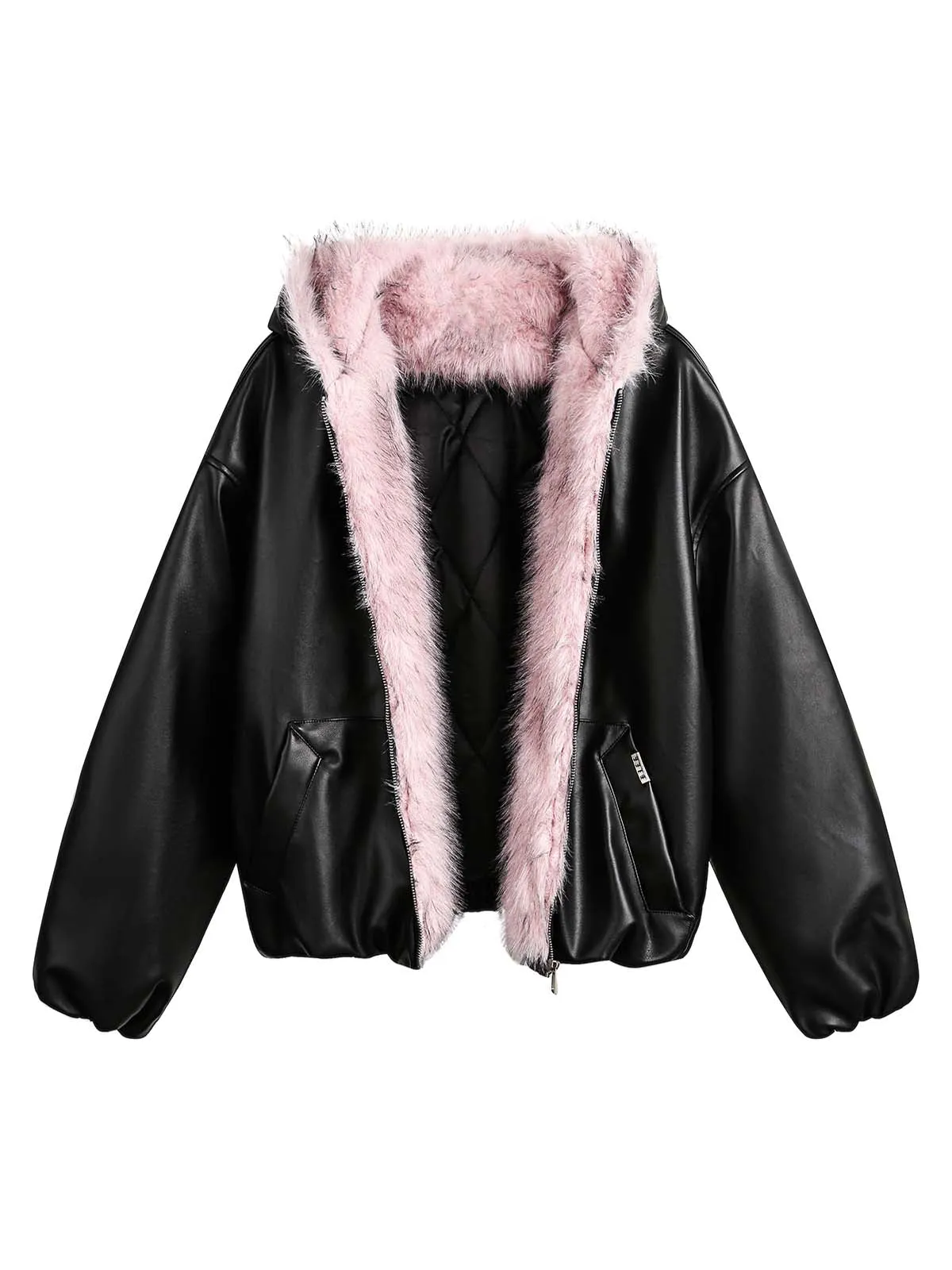 Leather Pink Fur Hooded Quilted Jacket sold by Thesupermade product image thumbnail 2