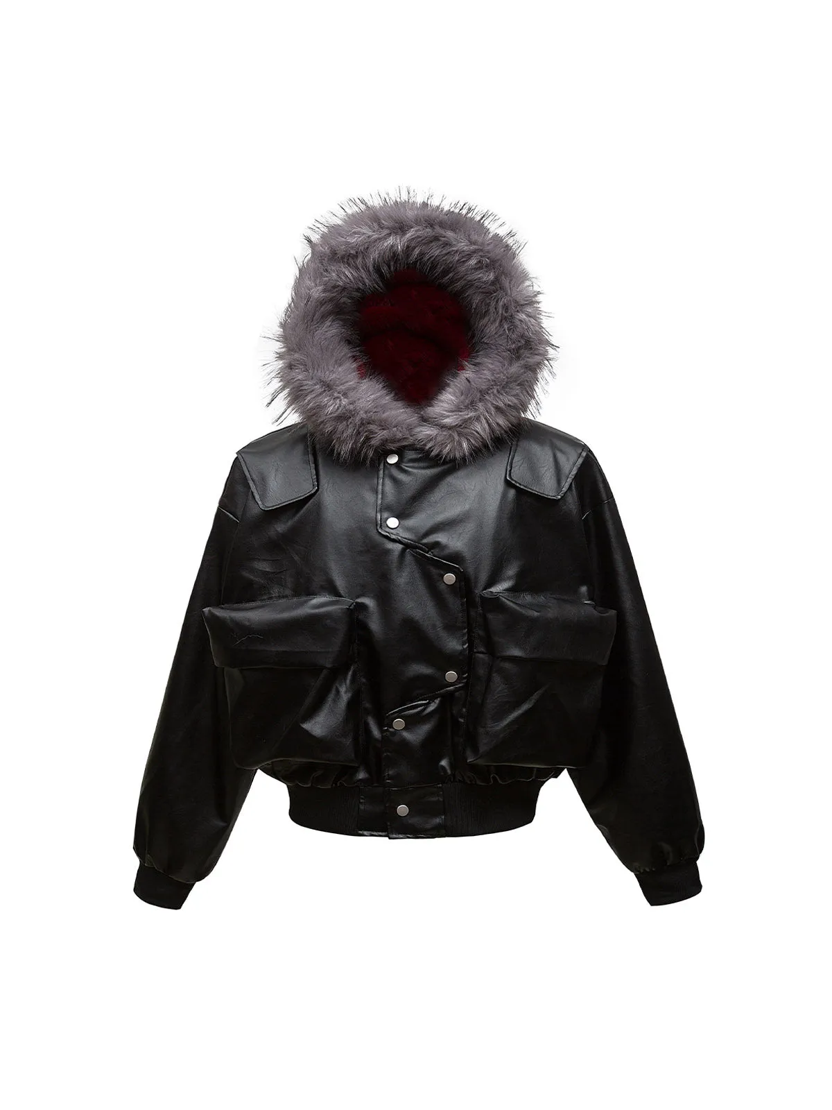 Deconstructed Multi Pocket Fur Hooded PU Leather Jacket sold by Thesupermade