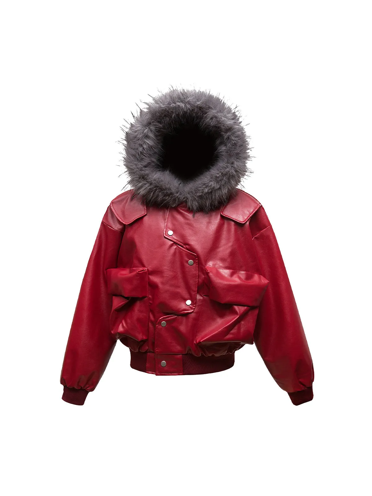 Deconstructed Multi Pocket Fur Hooded PU Leather Jacket sold by Thesupermade product image thumbnail 2