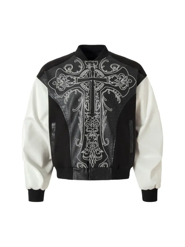 Gothic Cross Embroidery Crocodile Leather Bomber Jacket sold by Thesupermade