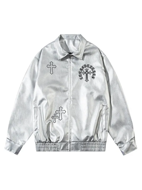 Cross Embroidered PU Leather Oversize Jacket sold by Thesupermade