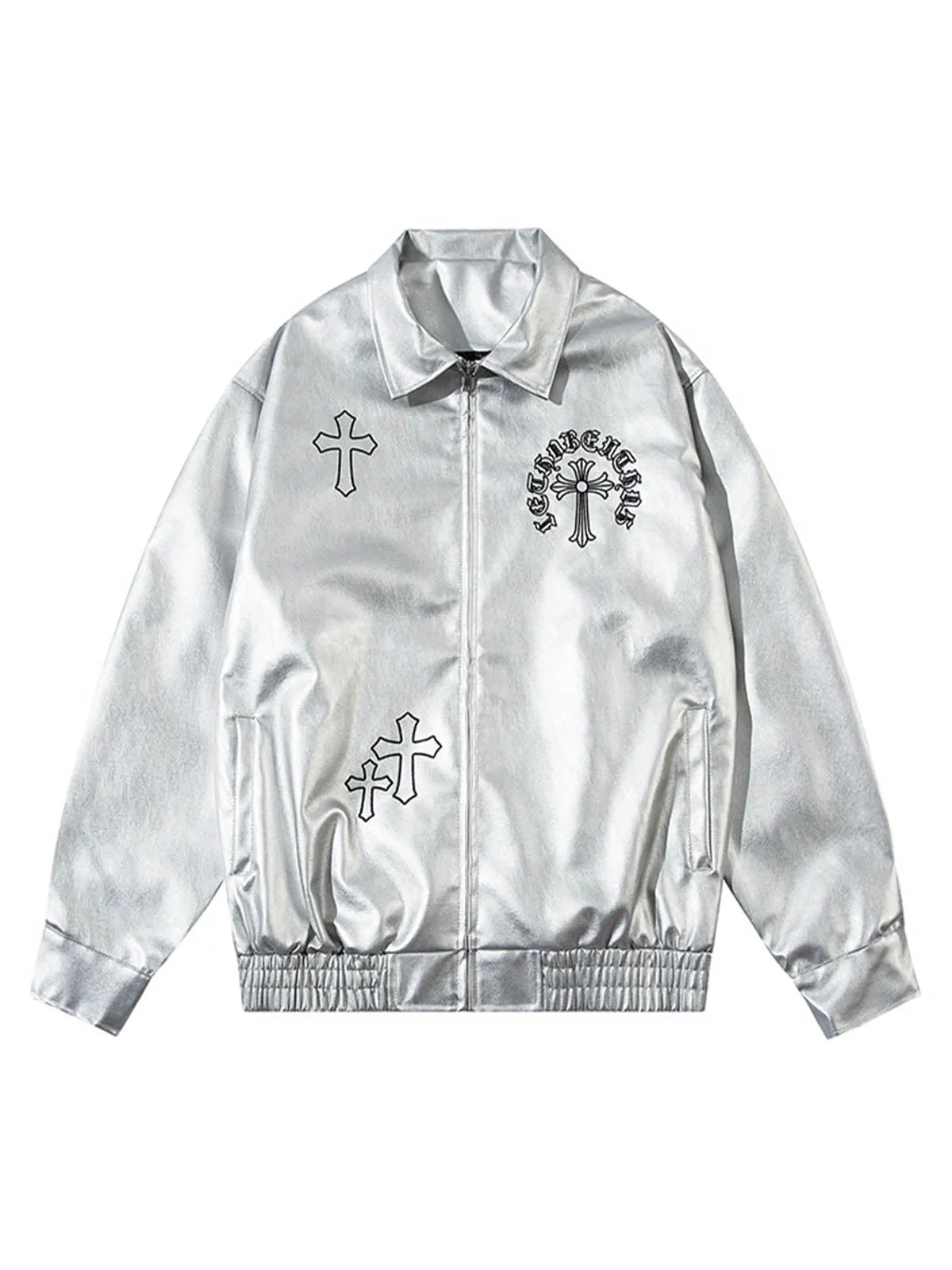 Cross Embroidered PU Leather Oversize Jacket sold by Thesupermade