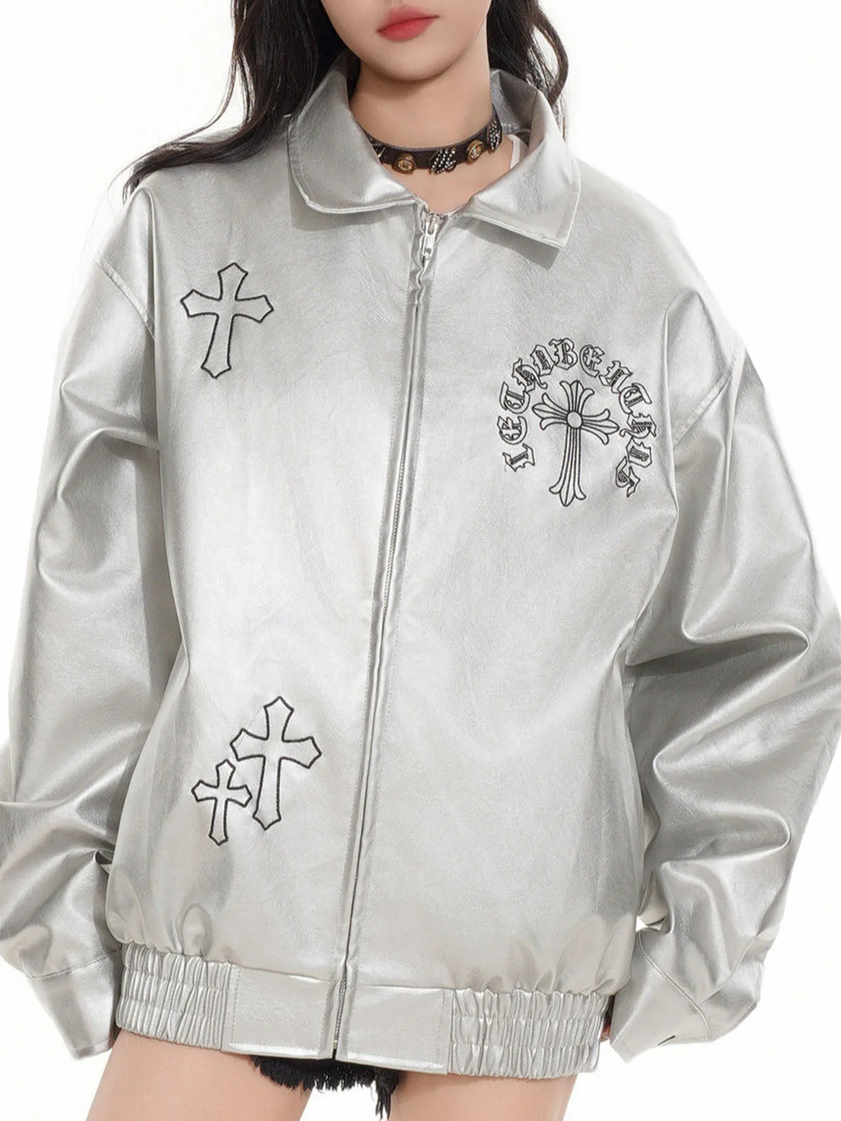 Cross Embroidered PU Leather Oversize Jacket sold by Thesupermade product image thumbnail 5