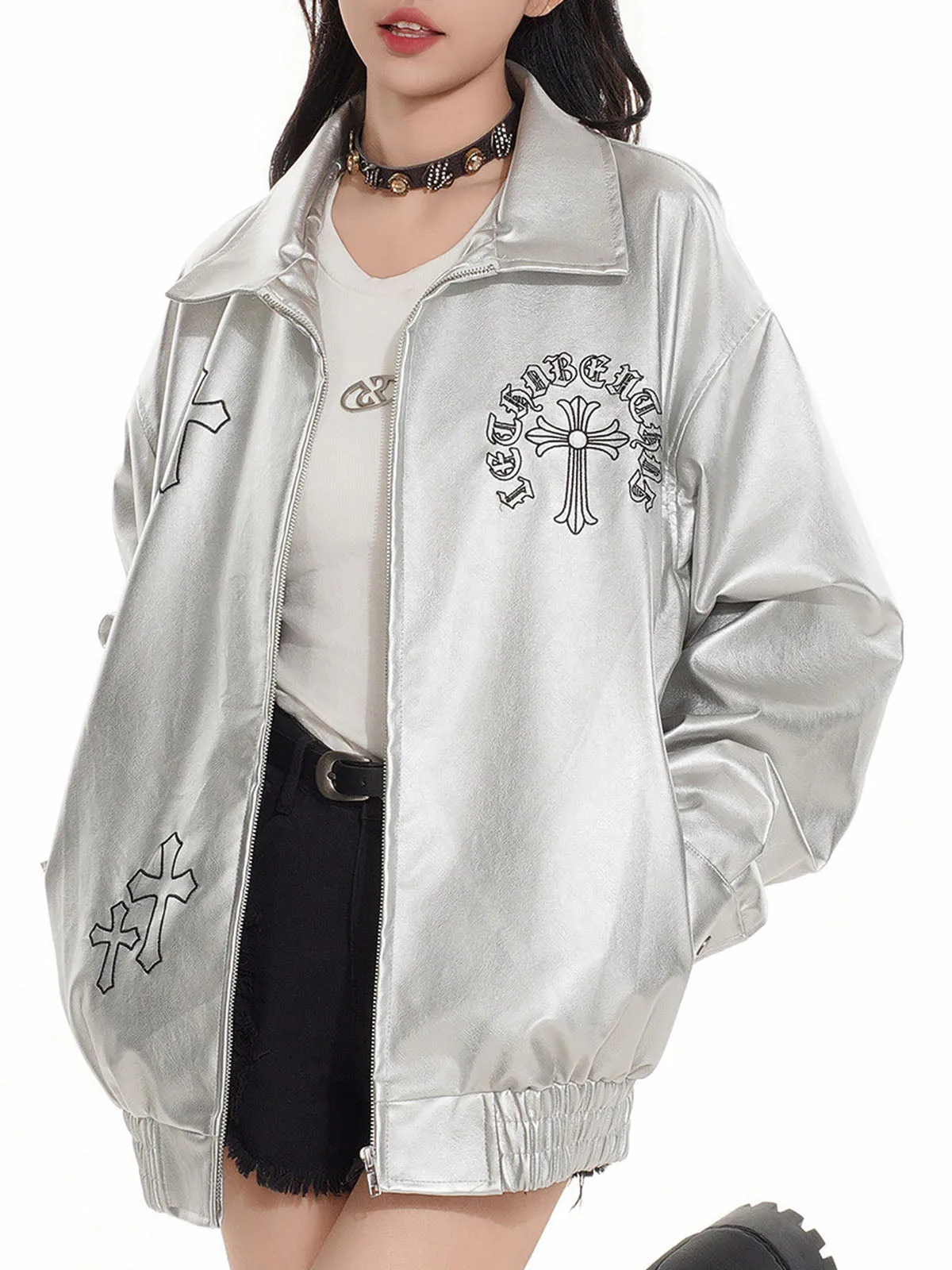 Cross Embroidered PU Leather Oversize Jacket sold by Thesupermade product image thumbnail 3