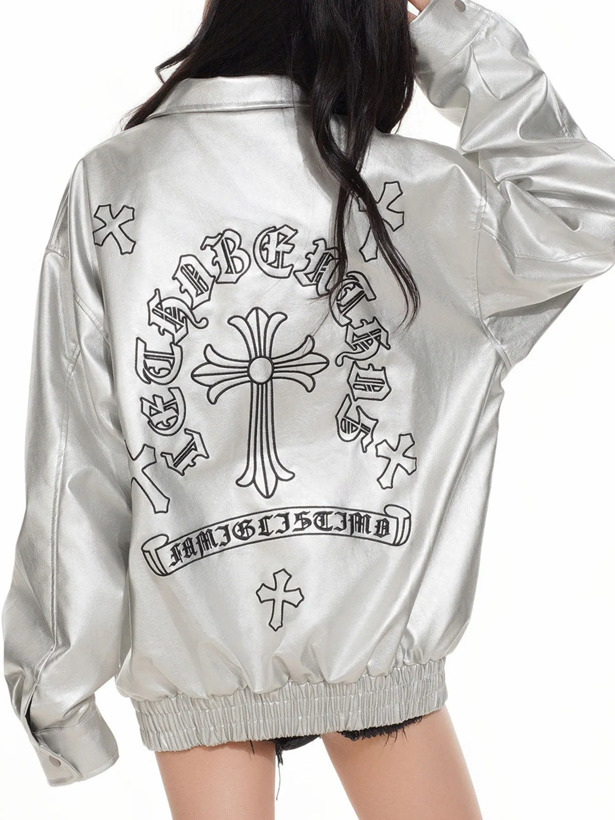 Cross Embroidered PU Leather Oversize Jacket sold by Thesupermade product image thumbnail 4