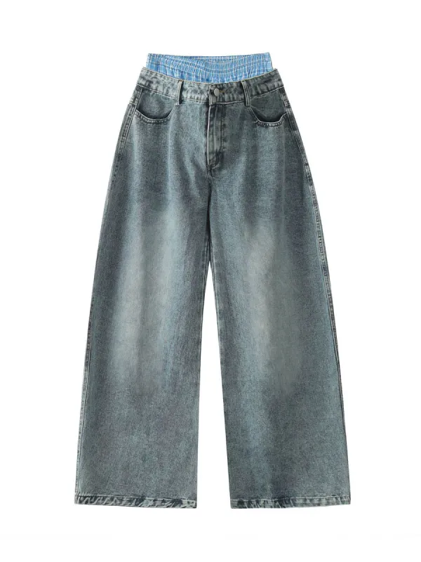 Washed Faux Two-Piece Baggy Jeans - 2312 sold by Thesupermade