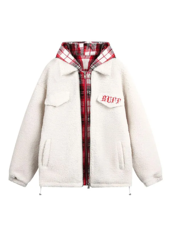 Cross Embroidered Faux Two-Piece Plaid Sherpa Jacket sold by Thesupermade