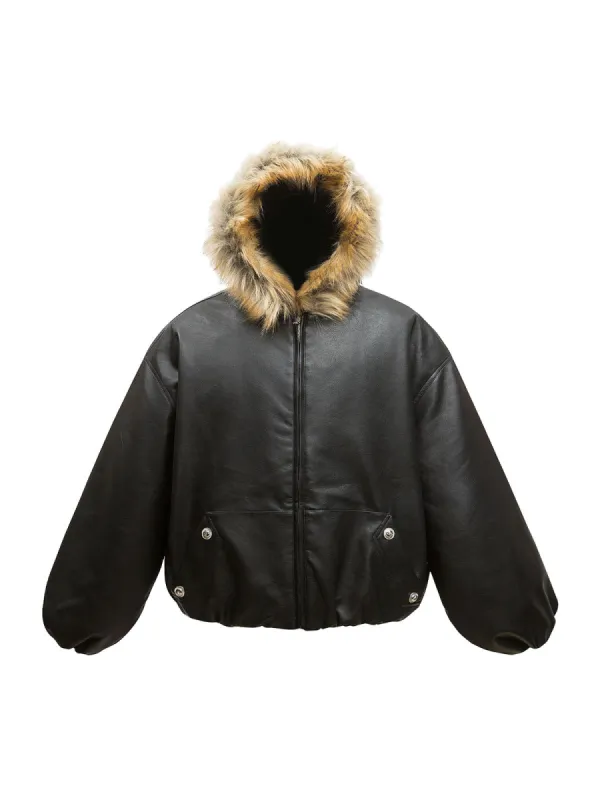 Rivet Pocket Fur Hooded Fleece Leather Jacket sold by Thesupermade
