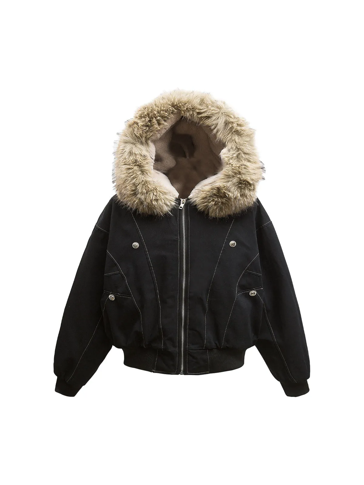 Faux Fur Lined Zip Up Hooded Bomber Jacket sold by Thesupermade product image thumbnail 2