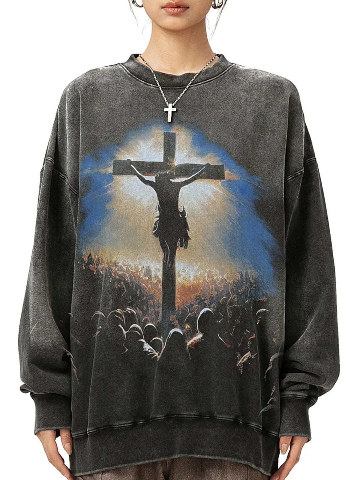 Jesus' Crucifixion Print Washed Sweatshirt sold by Thesupermade product image thumbnail 2
