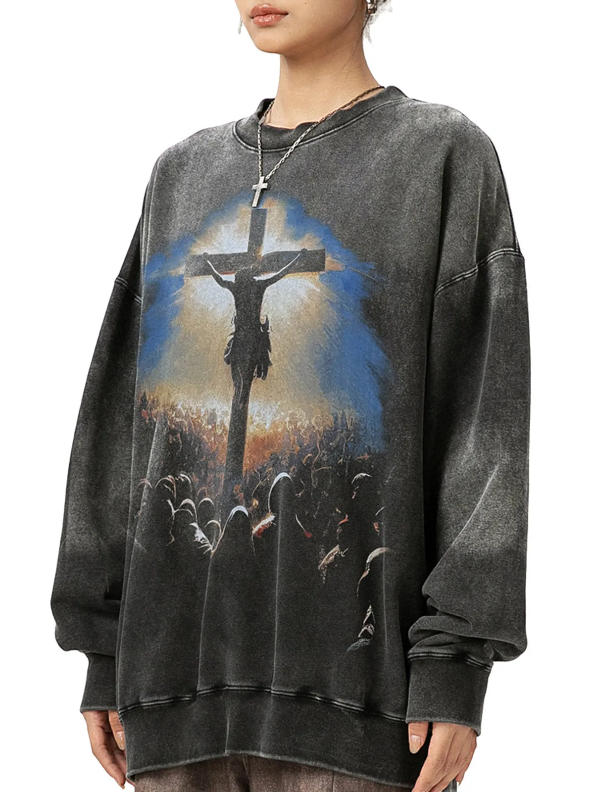 Jesus' Crucifixion Print Washed Sweatshirt sold by Thesupermade product image thumbnail 4