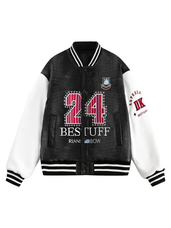 Patchwork Embroidered Leather Bomber Jacket sold by Thesupermade