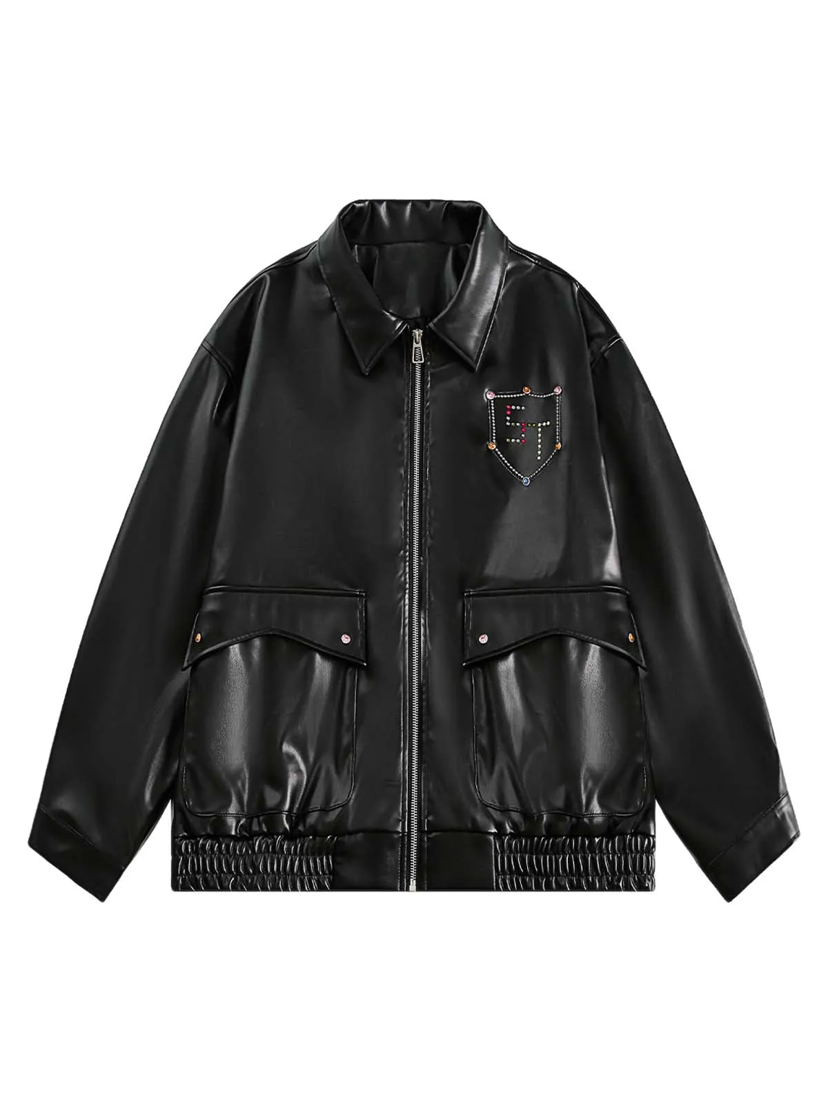 Multi Pocket Rhinestone PU Leather Jacket sold by Thesupermade