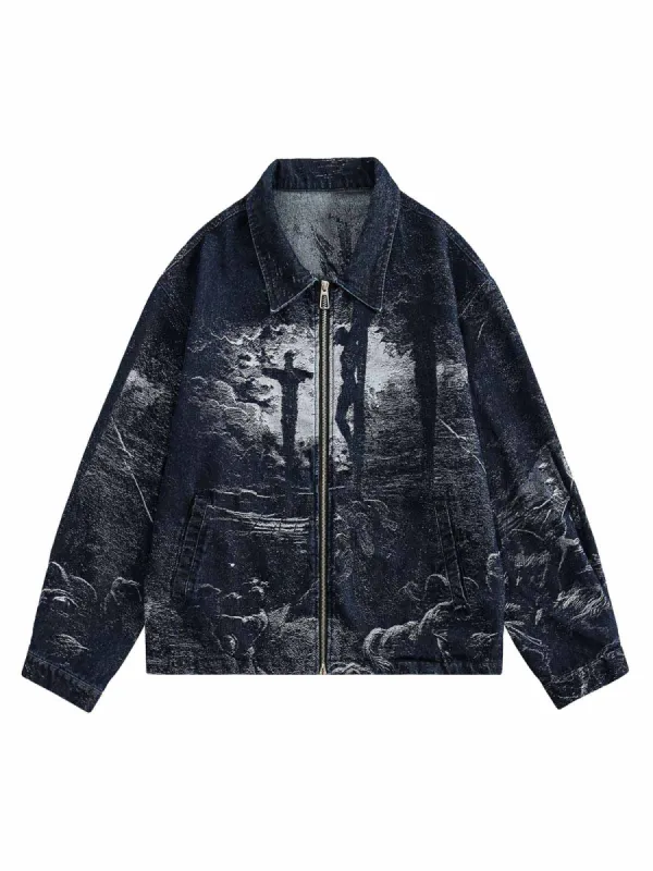 Cross Jacquard Zip Up Denim Jacket sold by Thesupermade