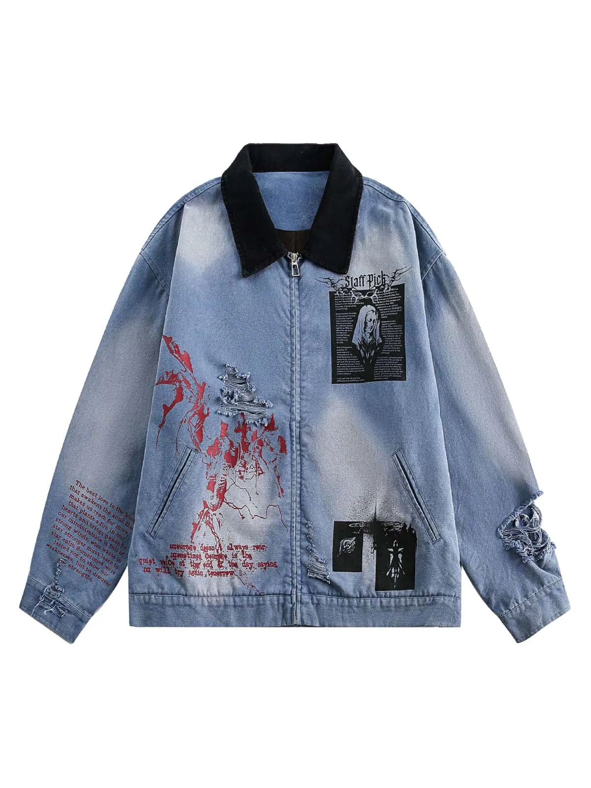 Ripped Graffiti Washed Zip Up Denim Jacket sold by Thesupermade