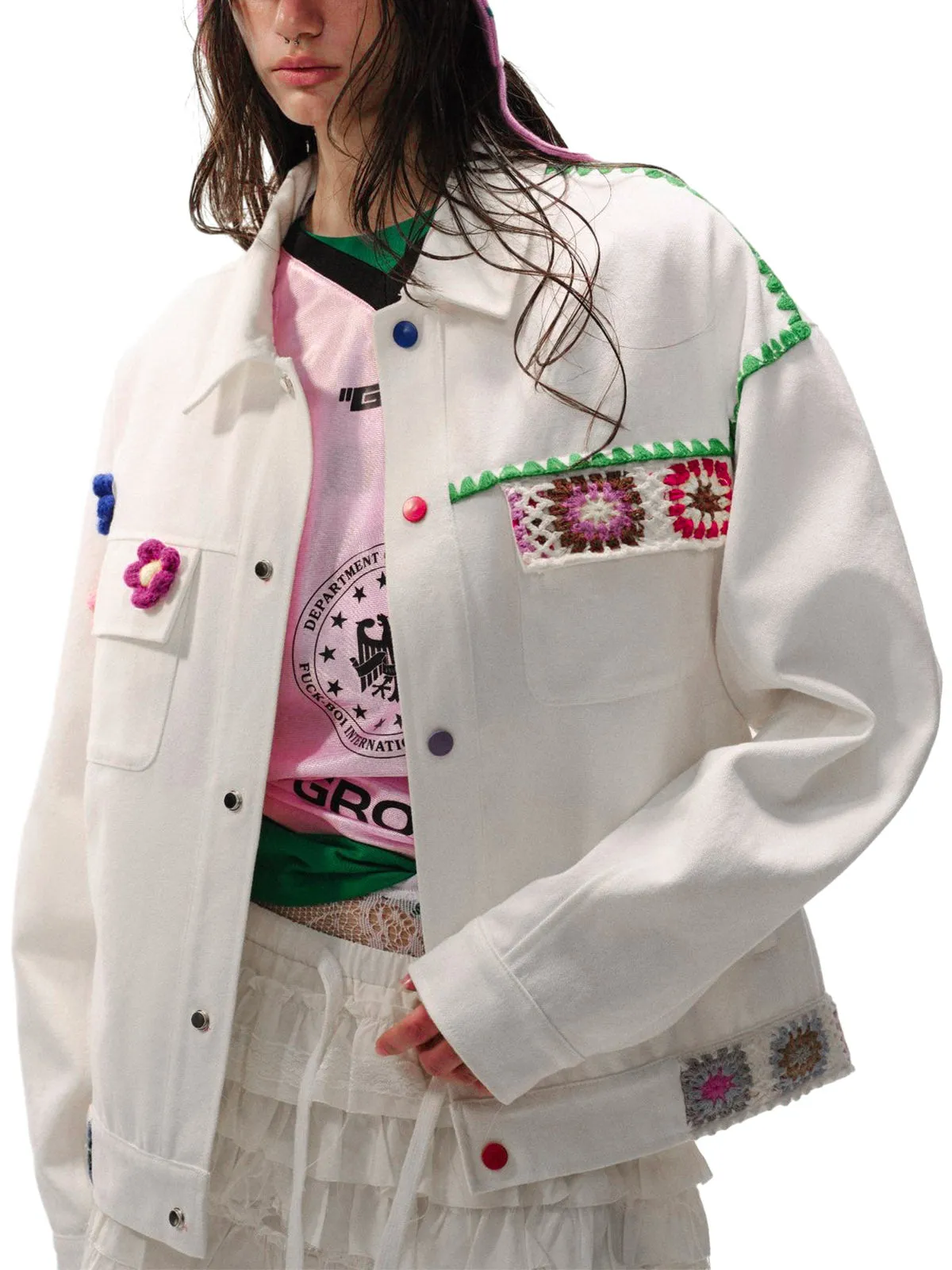 Handmade Floral Crochet Utility Denim Jacket sold by Thesupermade product image thumbnail 4