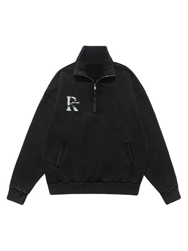 Washed Letter Half Zipper Fleece Hoodie sold by Thesupermade