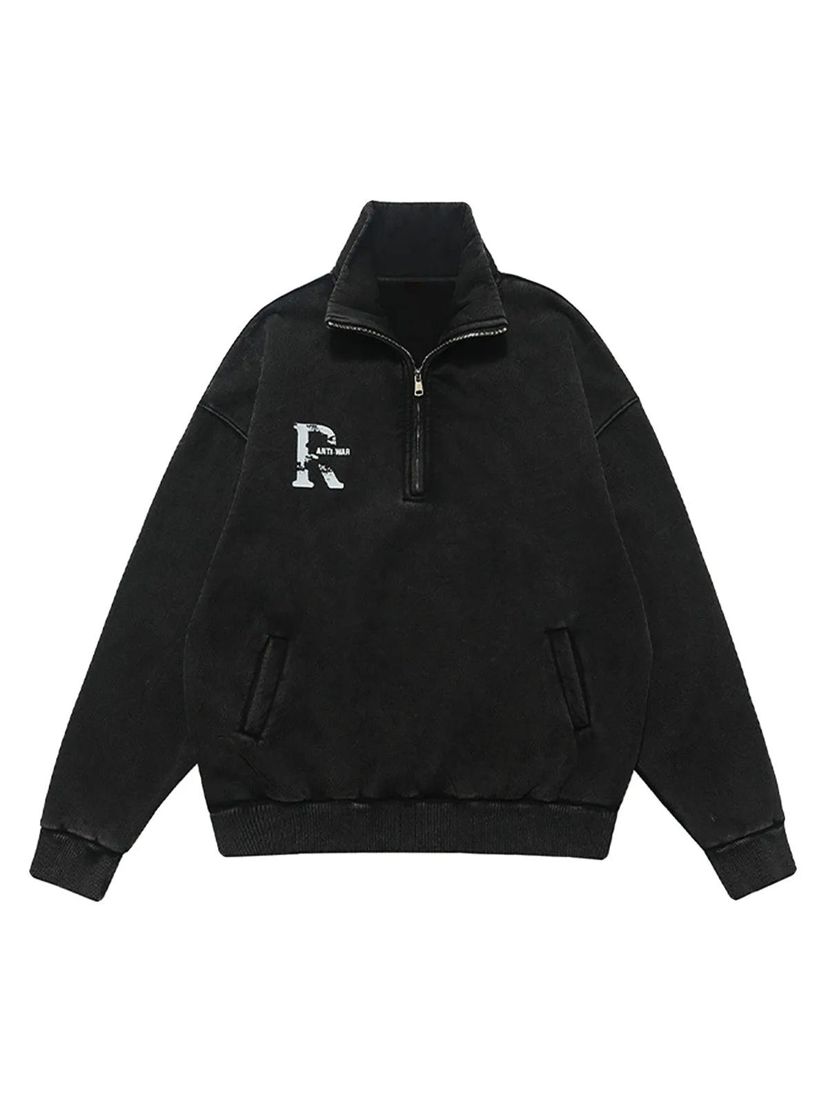 Washed Letter Half Zipper Fleece Hoodie sold by Thesupermade
