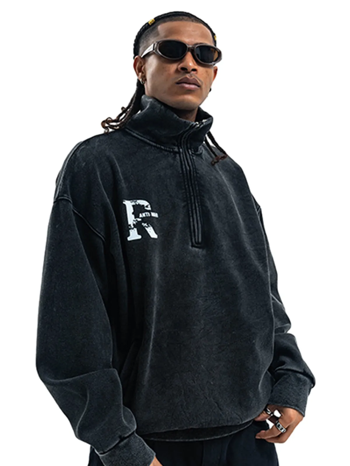 Washed Letter Half Zipper Fleece Hoodie sold by Thesupermade product image thumbnail 5