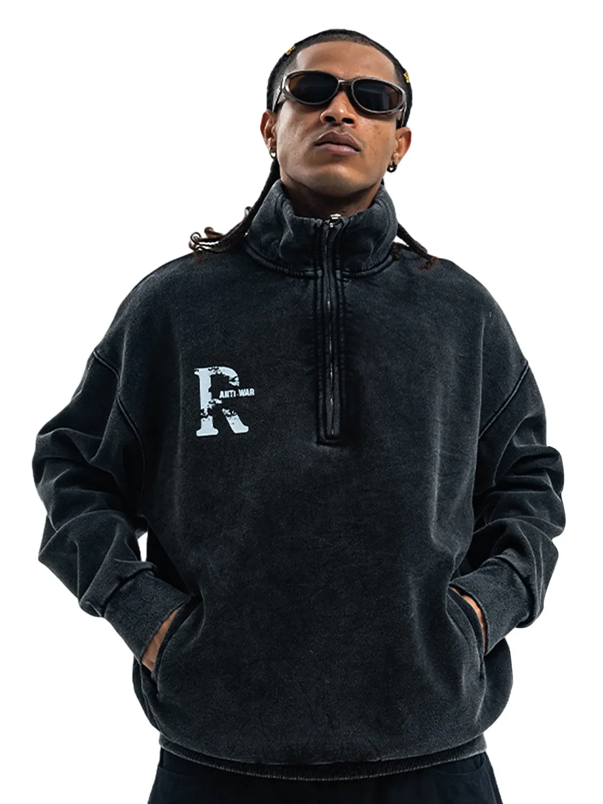 Washed Letter Half Zipper Fleece Hoodie sold by Thesupermade product image thumbnail 2