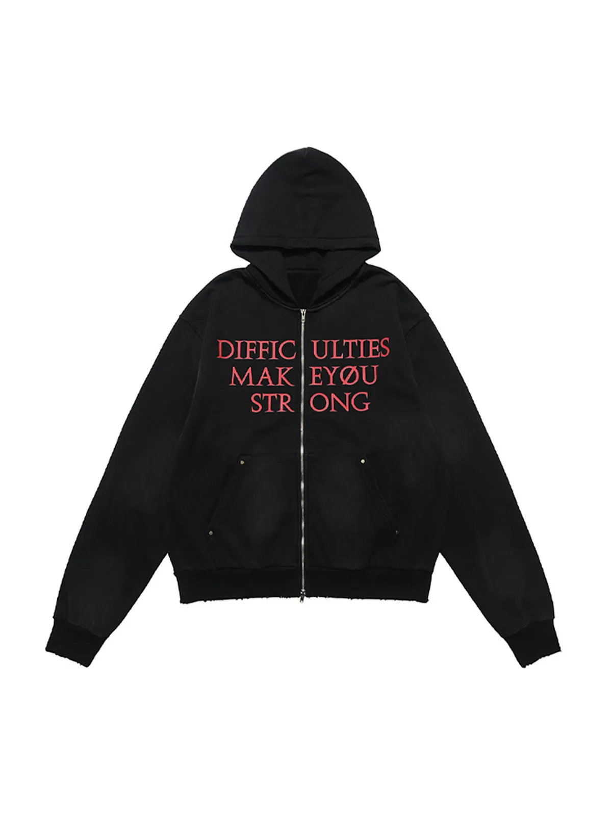 Washed Letter Print Double Zipper Fleece Hoodie sold by Thesupermade
