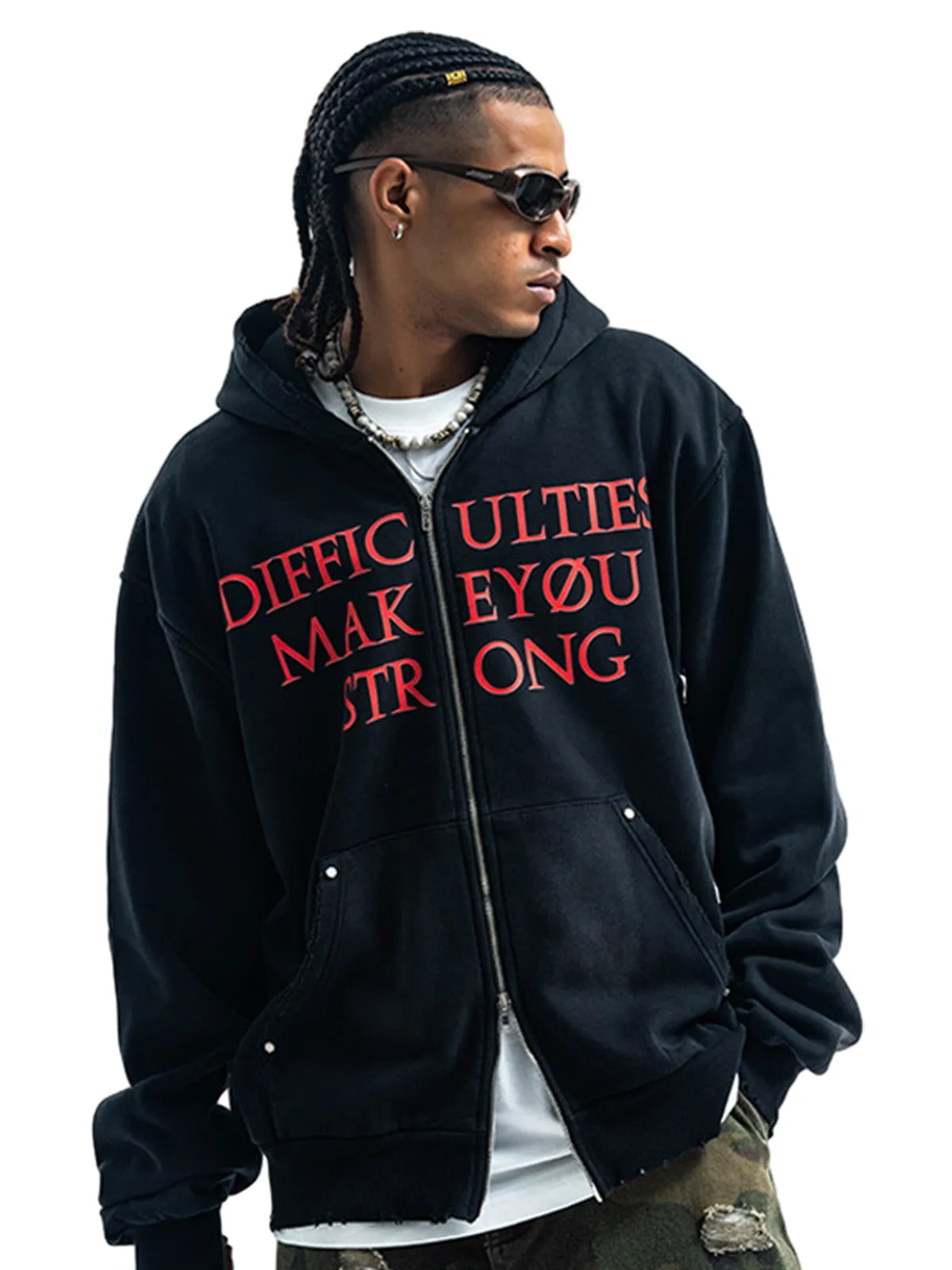 Washed Letter Print Double Zipper Fleece Hoodie sold by Thesupermade product image thumbnail 5