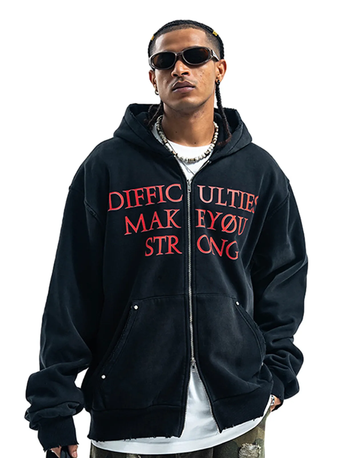 Washed Letter Print Double Zipper Fleece Hoodie sold by Thesupermade product image thumbnail 2
