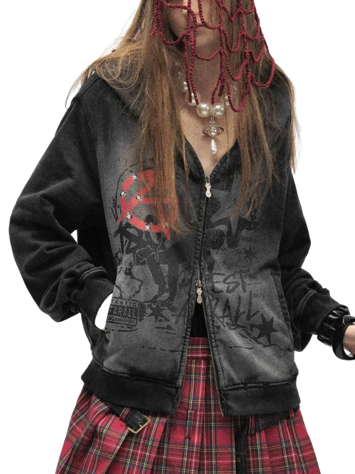 Washed Star Print Full Zipper Hoodie sold by Thesupermade product image thumbnail 3