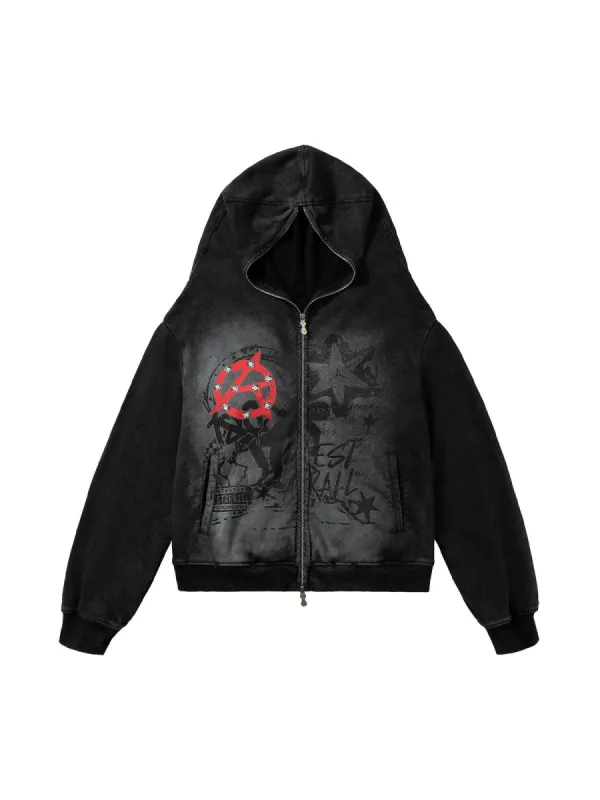 Washed Star Print Full Zipper Hoodie sold by Thesupermade