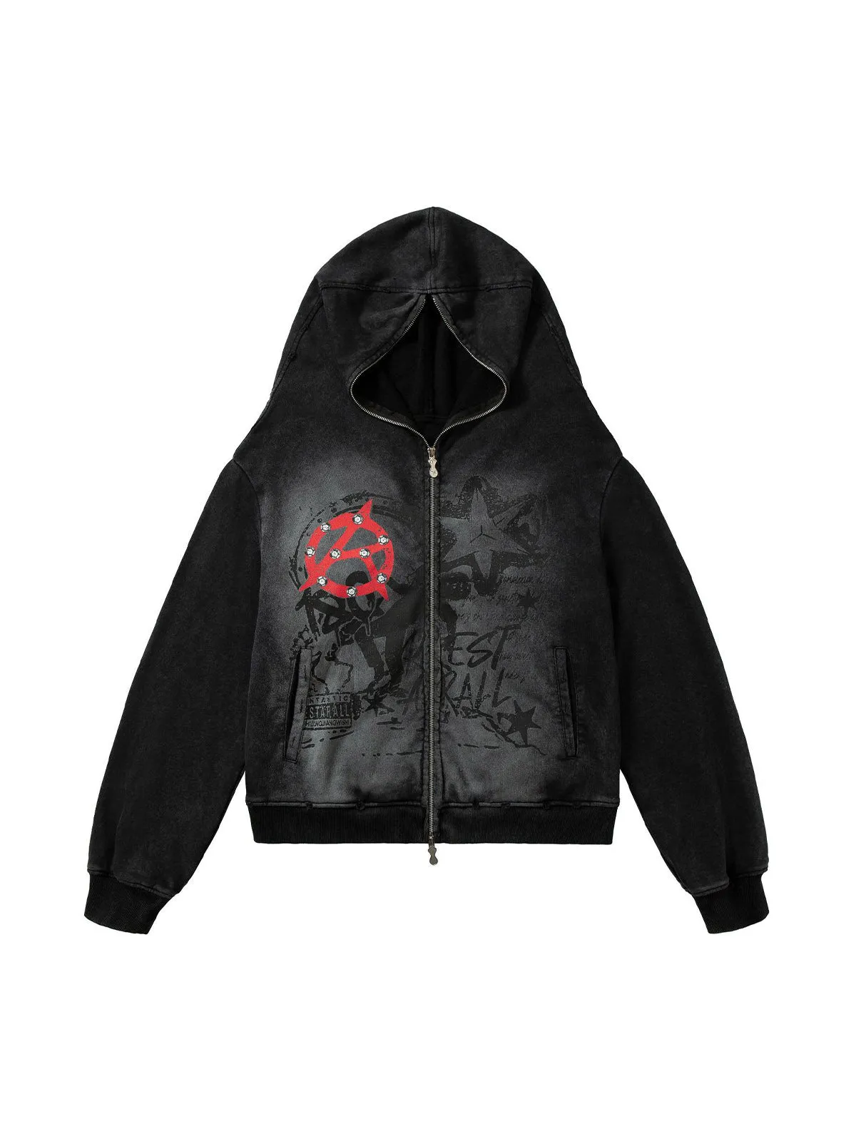 Washed Star Print Full Zipper Hoodie sold by Thesupermade