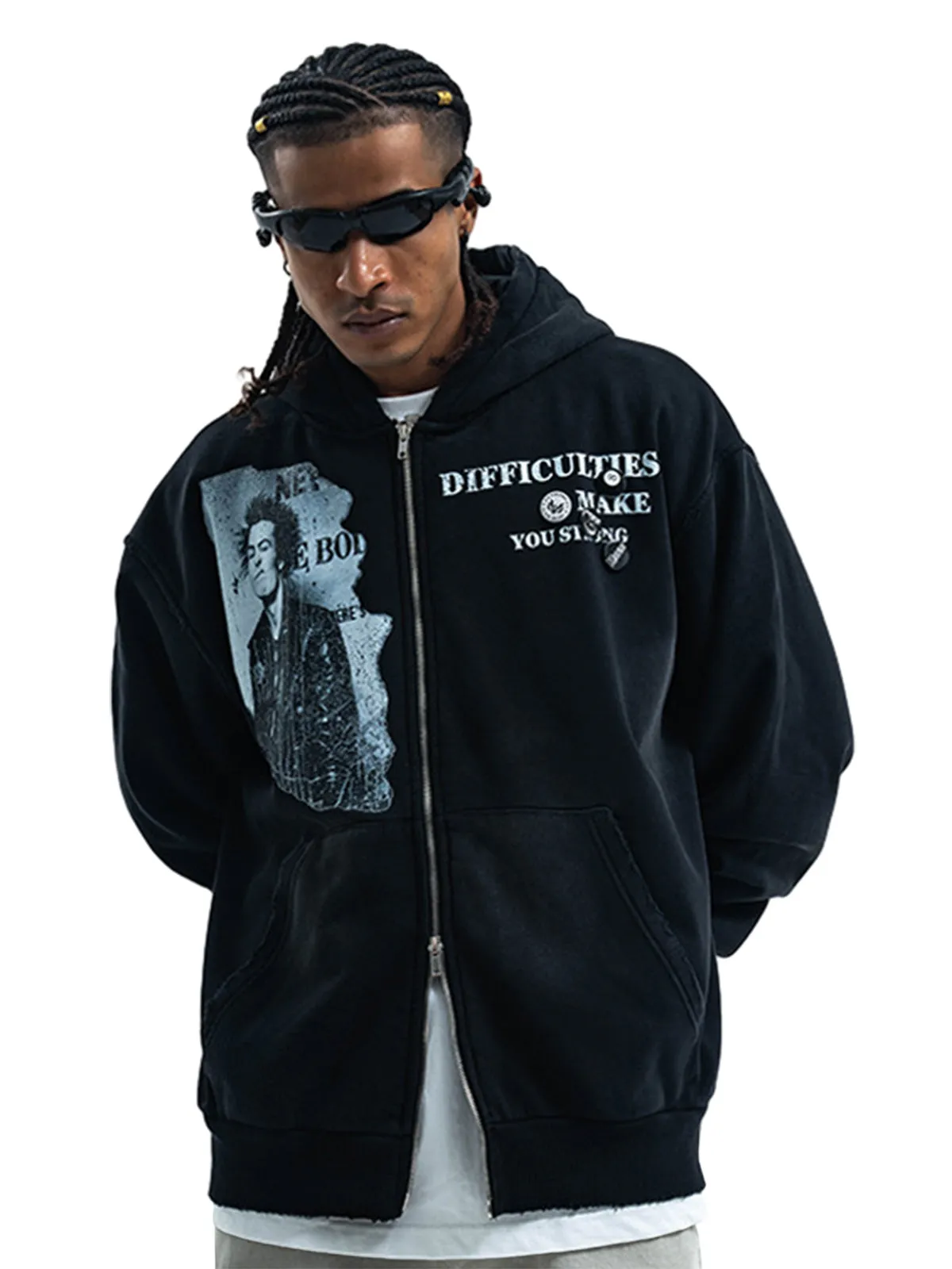 Washed Distressed Retro Portrait Print Double Zipper Hoodie sold by Thesupermade product image thumbnail 2