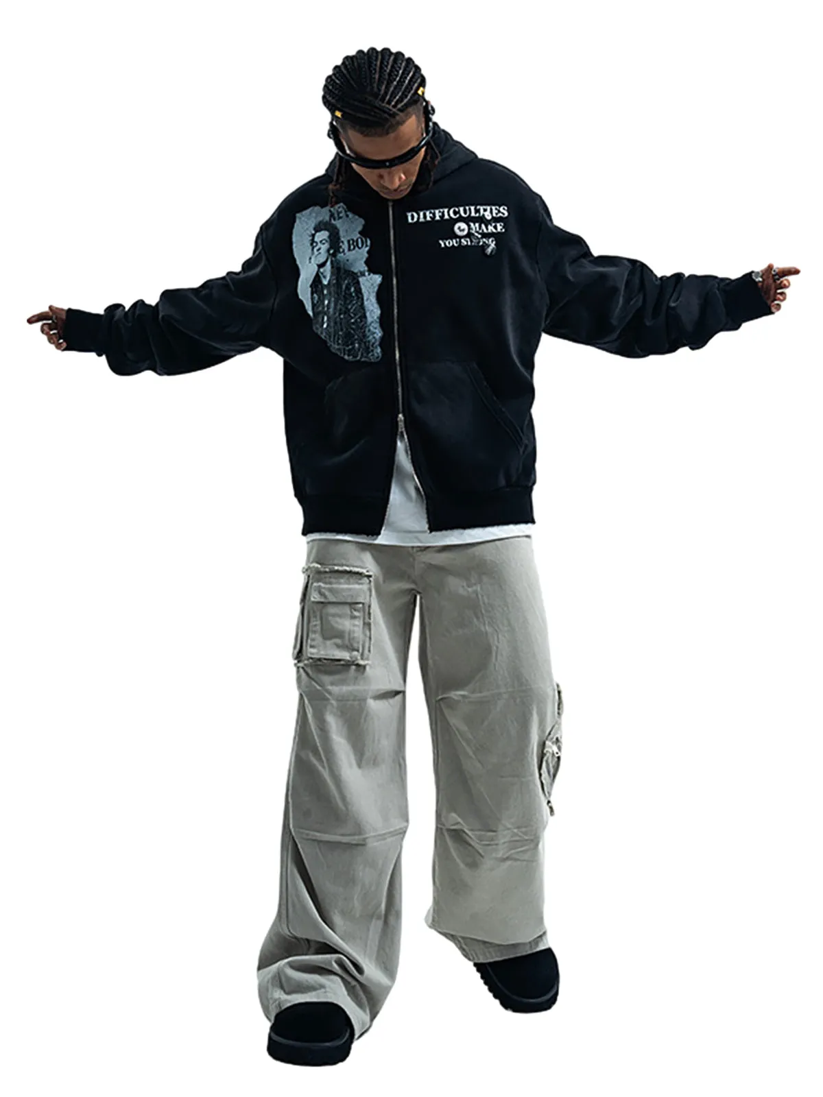 Washed Distressed Retro Portrait Print Double Zipper Hoodie sold by Thesupermade product image thumbnail 3