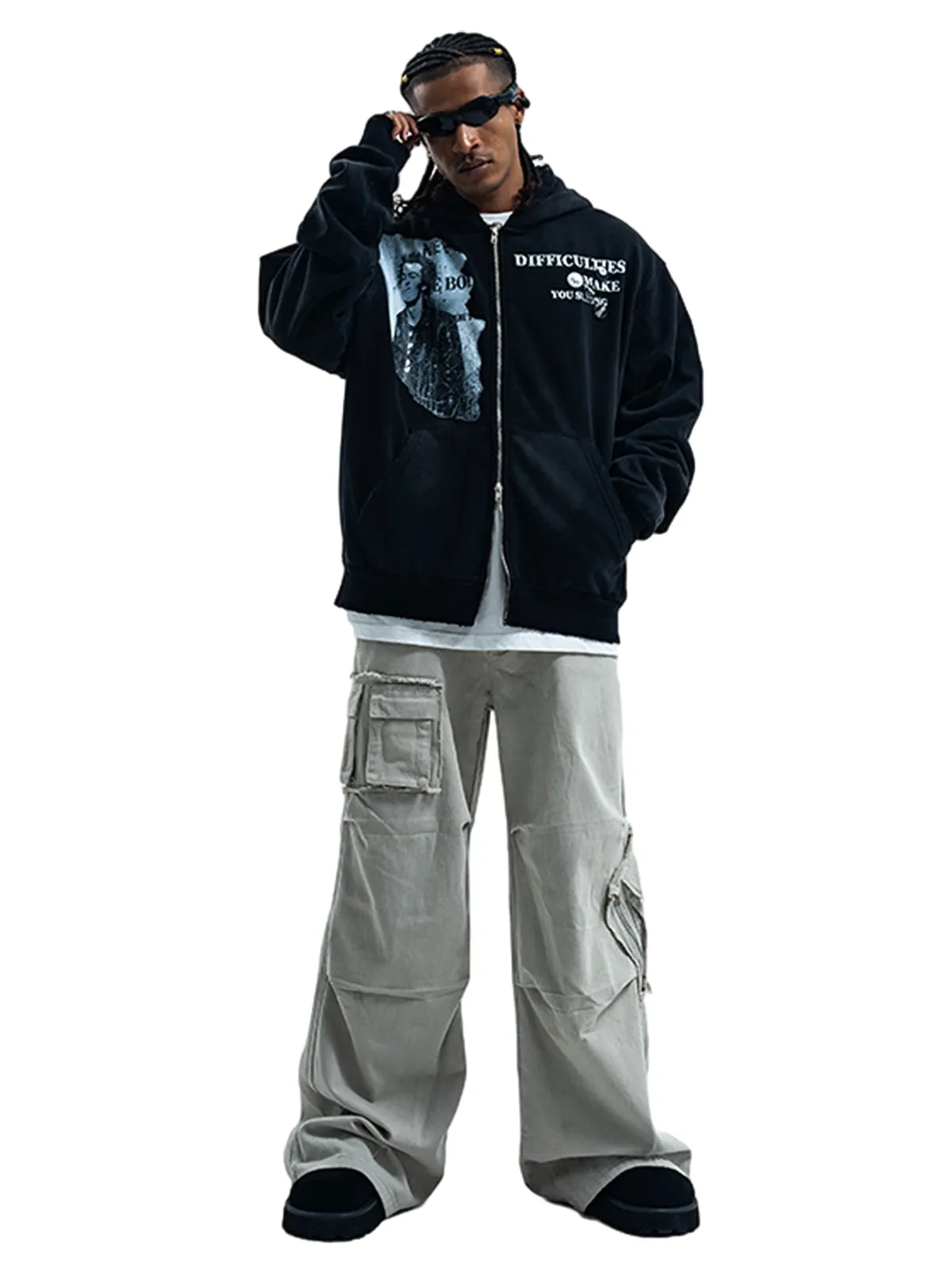 Washed Distressed Retro Portrait Print Double Zipper Hoodie sold by Thesupermade product image thumbnail 4