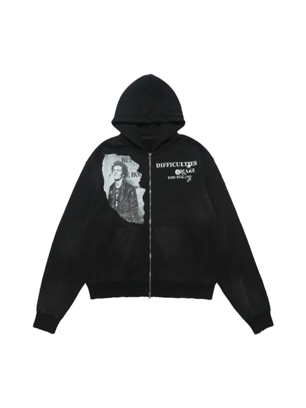 Washed Distressed Retro Portrait Print Double Zipper Hoodie sold by Thesupermade