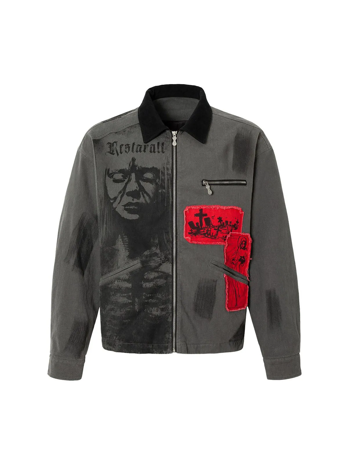 Wasteland Style Portrait Print Patchwork Barn Jacket sold by Thesupermade