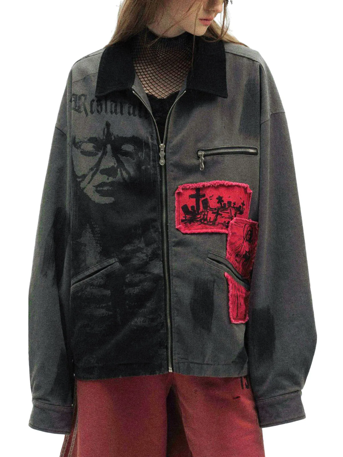 Wasteland Style Portrait Print Patchwork Barn Jacket sold by Thesupermade product image thumbnail 2