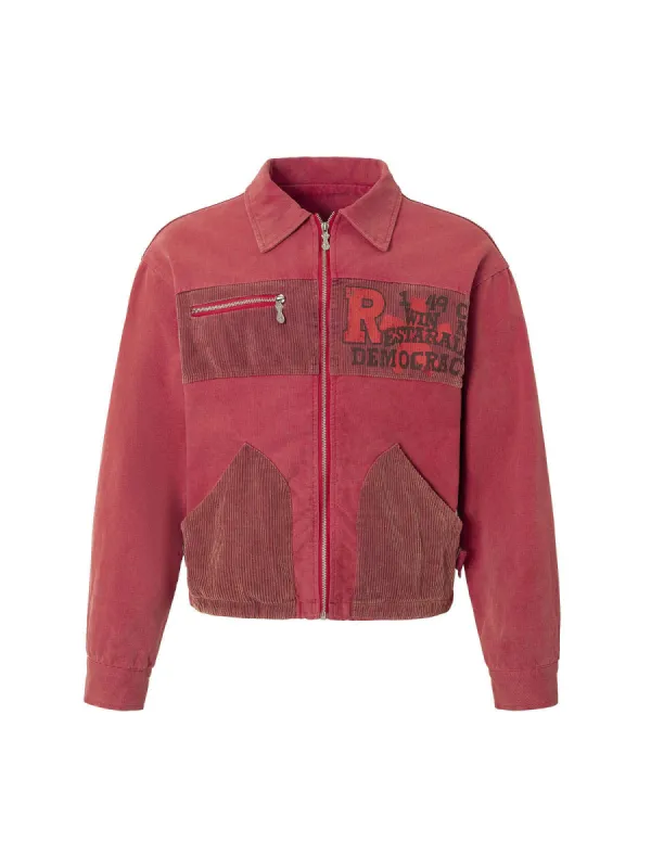 Letter Patchwork Zip UP Corduroy Jacket sold by Thesupermade