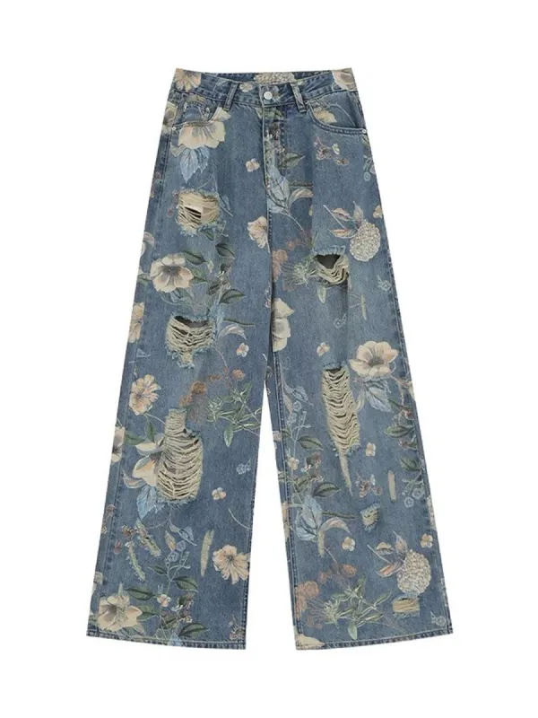 Vintage Washed Distressed Floral Ripped Baggy Jeans sold by Thesupermade